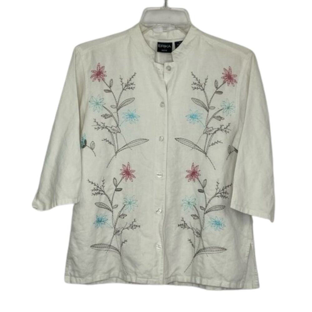 Erika beige floral embroidered button down blouse Linen size Petite Small